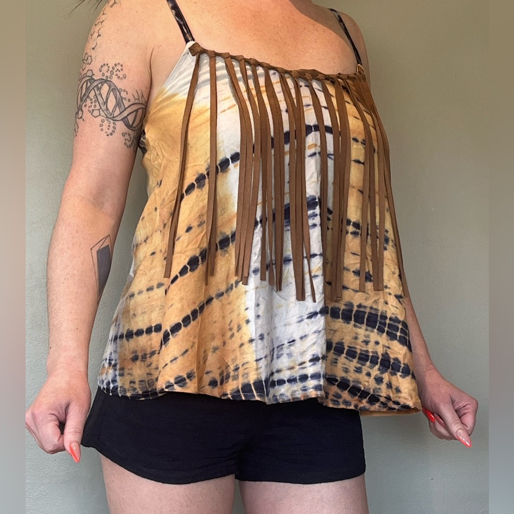 Unique tie dye romper with faux suede fringe by Judith March